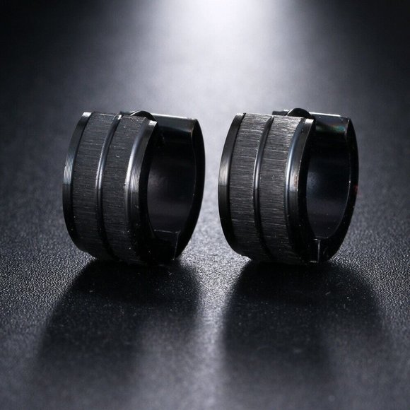 Mens Black Frosted Sandblast Stainless Steel Hoop Earrings 13mm Party Gift - Picture 1 of 4